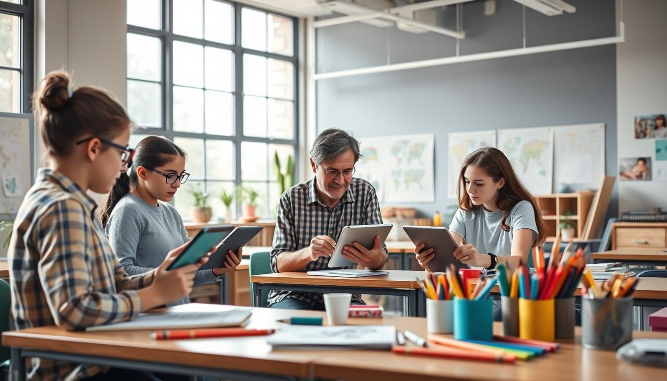 Students studying together in modern classroom